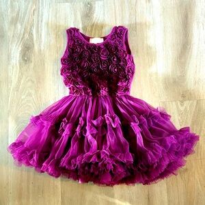 Popatu Burgundy Princess 3D Rosettes & Ruffled Tulle Tutu Dress-5-6Yrs